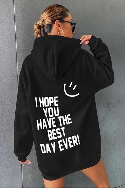 Khione Unisex Black Day Ever Printed Hooded Oversize φούτερ με κουκούλα