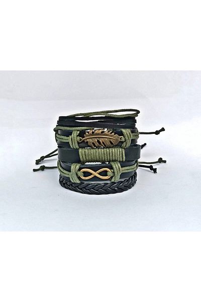 BSN Store سوار من الجلد الطبيعي مكون من 5 قطع من الجلد الأسود باللون البرونزي العتيق من Leaf Infinity مع سلسلة خضراء