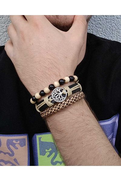 BSN Store 3-Piece Black Beige Natural Wooden Bead Handmade Leather Bracelet with Tree of Life Figures