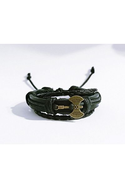 BSN Viking Axe Figure Antique Bronze Genuine Leather Bracelet