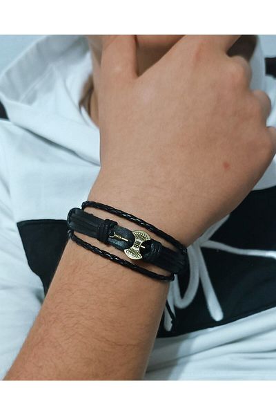 BSN Viking Axe Figure Antique Bronze Genuine Leather Bracelet