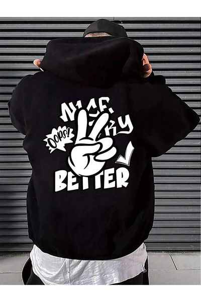 Khione Hanorac supradimensionat cu glugă, unisex, negru, mai bine imprimat