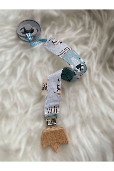 GOER STORE Natural Wooden Crown-Lion Detailed Soft Blue 100% Cotton Fabric Baby Pacifier Strap
