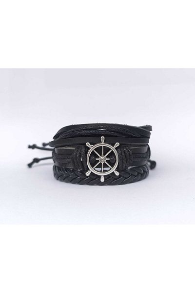 BSN Sailor Rudder Figured Black 3 Piece Genuine Leather Bracelet