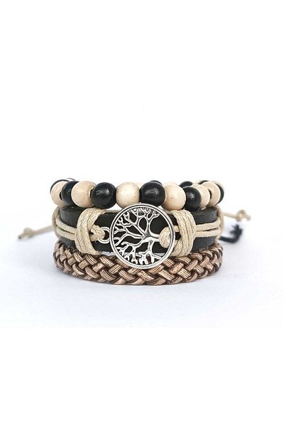 BSN Store 3-Piece Black Beige Natural Wooden Bead Handmade Leather Bracelet with Tree of Life Figures