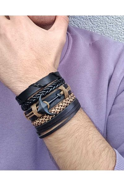 BSN Store Black Anchor Figured Tan String 5 Pieces Genuine Leather Bracelet