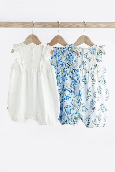 Next Baby New 100% Cotton Blue White Floral Patterned 3-Piece Romper Set