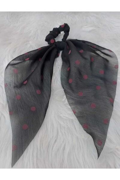 Elvinege Aksesuar Puantiyeli Siyah - Bordo Renk Şifon Fularlı Simit Toka - Fu...