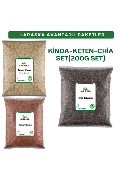 Laraska Chia Tohumu-Çiya Tohumu 200g-Keten Tohumu 200g-Beyaz Kinoa 200g-AVANTAJLI PAKET SET 200GX3