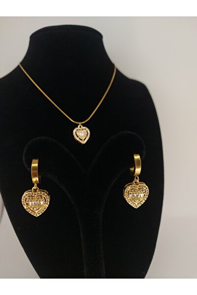 Romea Kalp Baget Taşlı Kararmaz Çelik Kolye & Küpe Takı Seti Altın Rengi