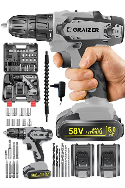 Graizer Alman G-r-z 58 V 5 Ah Darbeli Bakır Sargili Çelik Şanzuman Şarjlı Çift Akülü Vidalama Matkap