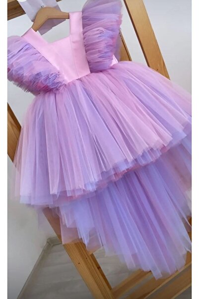 Mislina Kız Çocuk Kolları Tüllü Sırtı V Etegı Kabarık Ve Kuyruklu Somon Ve Mo...