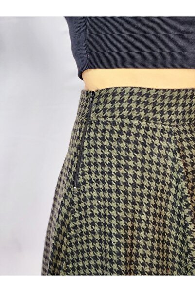 YAXİ Houndstooth Patterned Khaki-black A-Line Skirt