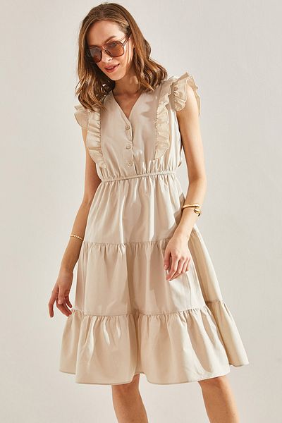Bianco Lucci Ausgestelltes Kleid mit Rüschen und elastischer Taille und Knöpfen für Damen