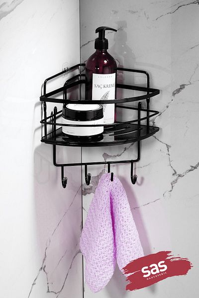 Sas Haus Hanging Bathroom Organizer with Stainless Crystal and Shelf - Adhesive Shampoo Holder Corner Lk-01 Sssk