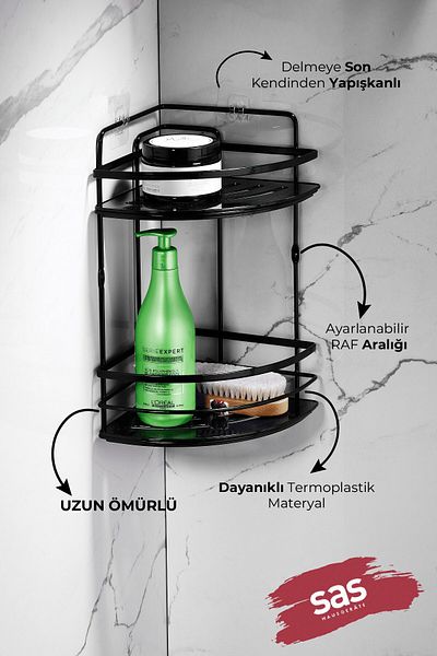 Sas Haus Κρεμαστή οργάνωση μπάνιου με ανοξείδωτο κρύσταλλο και ράφι - Γωνιακή θήκη για σαμπουάν LK-02 SS