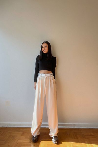 Seda Yalçın Atelier Stone Waist Stripe and Stitching Detail Wide Leg Trousers