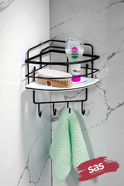 Sas Haus Hanging Bathroom Organizer with Stainless Crystal and Shelf - Adhesiveness Corner Lk-01 Sbsk