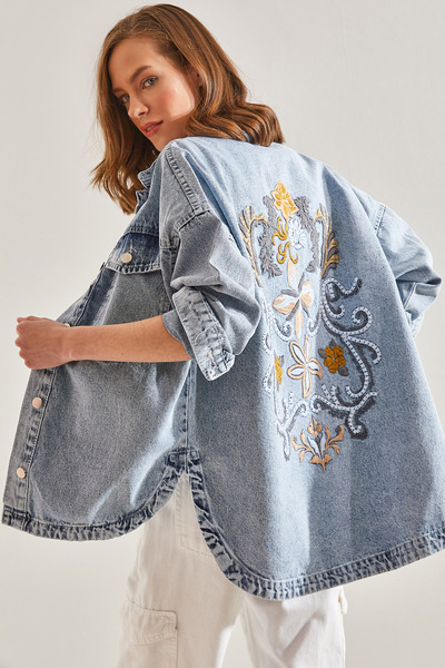 Bianco Lucci Women's Back Embroidered Denim Jacket