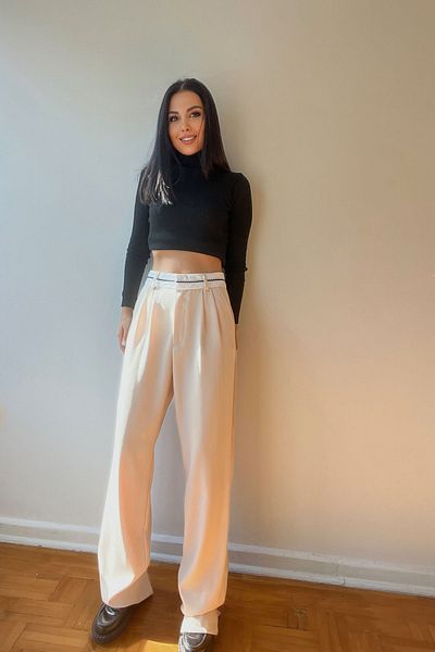 Seda Yalçın Atelier Stone Waist Stripe and Stitching Detail Wide Leg Trousers