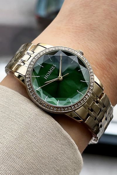 Homies Women's Wristwatch Cut Glass Waterproof Gold-green Color Steel Cord Bracelet Gift Hmby2027c4