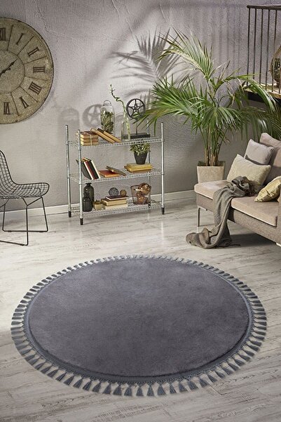 Azelya Home Антрацитен плюшен кръгъл комфортен килим с помпони - Постелка за ...