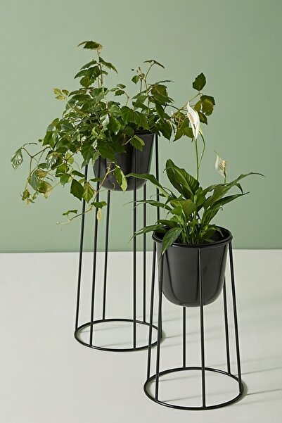 HOMİNG Mini Masaüstü Için Metal Çiçeklik Saksılık Siyah 2'li Set Seh-4613 2 A...