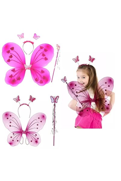 QUEEN AKSESUAR Kelebek Melek Peri Kanadı Lastikli Simli Kanat Asa Sopa Taç Set Çocuk Kostüm Pembe
