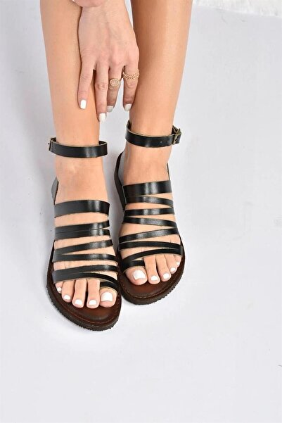 Fox Shoes Schwarze Damensandalen aus echtem Leder K374680403