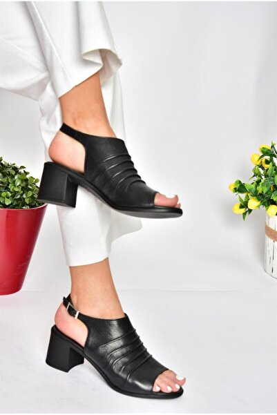 Fox Shoes P555450803 Black Genuine Leather Thick Heeled Casual Women's Shoes