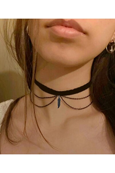TakıConcept Siyah Zincir, Tüy Choker, Kadın Kolye, Boyun Choker Kolye