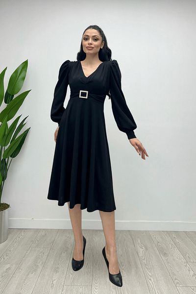 giyimmasalı Imported Crepe Fabric Midi Dress with Belt Detail - Black