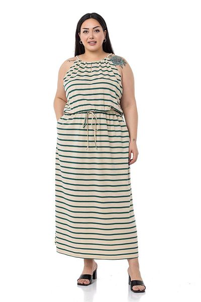 DISENTIS MODEST Plus Size Tie Λεπτομερής Sling Ελαστική μέση Σμαραγδένια ριγέ μακρύ φόρεμα