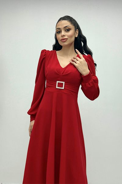 giyimmasalı Imported Crepe Fabric Midi Dress with Belt Detail - Red