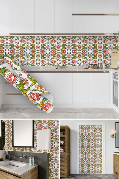 Dekoros Ottoman Tile Motif Adhesive Foil, Green Yellow Patterned Countertop Mofilya Coating Foil 0708