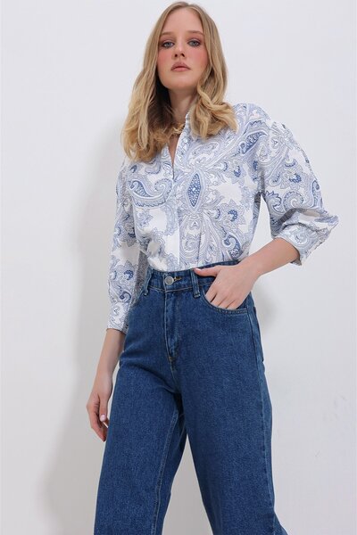 OlaLady Жіноча сорочка з бавовняної тканини з синім шарфом і рукавами-ліхтариками