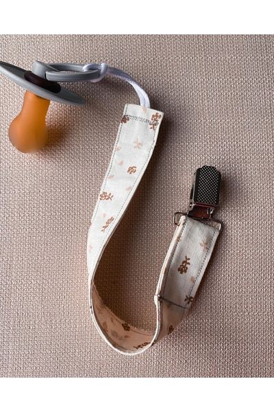 GOER STORE Cream Brown Detailed Cotton Fabric Pacifier Strap