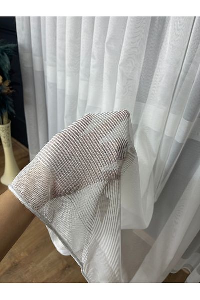 Yuka Horizontal White Glitter Striped 1/3 Tight Pleat Ecru Tulle Curtain Non-Wrinkle Don't Want Ironing Skirt with Lead