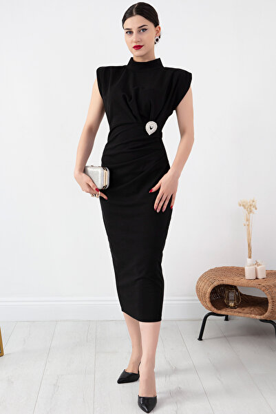 PULLIMM Omuz Vatkalı Tokalı Krep Elbise NY4126