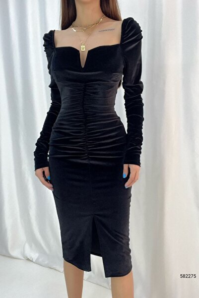 zks grup tekstil Γυναικείο ντραπέ μαύρο βελούδινο μολύβι φόρεμα νέας σεζόν