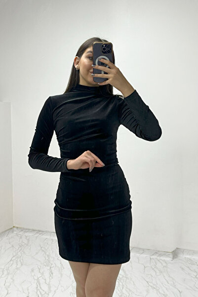 zks grup tekstil Women's Black Turtleneck Long Sleeve New Season Mini Dress