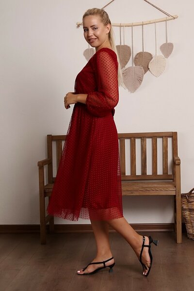 zks grup tekstil Claret Red Polka Dot V-Neck Tulle Plus Size Dress
