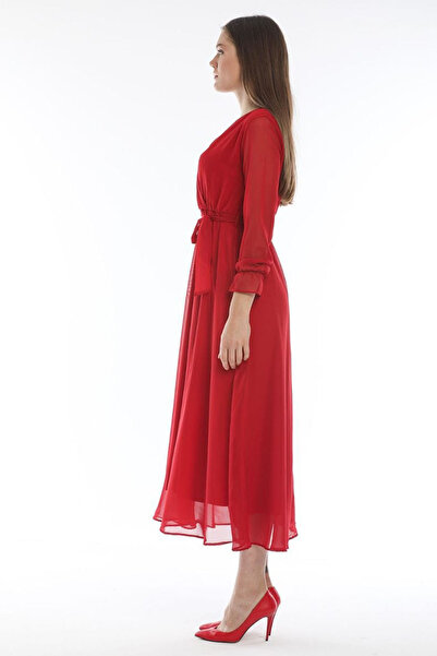 zks grup tekstil Red Double-breasted Collar Plus Size Chiffon Dress