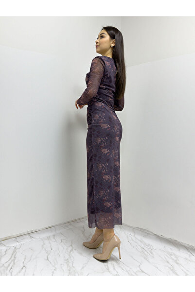 zks grup tekstil Γυναικείο φόρεμα με μωβ λουλουδάτο σχέδιο με λαιμόκοψη από τούλι ελαστικό ύφασμα Plus Size