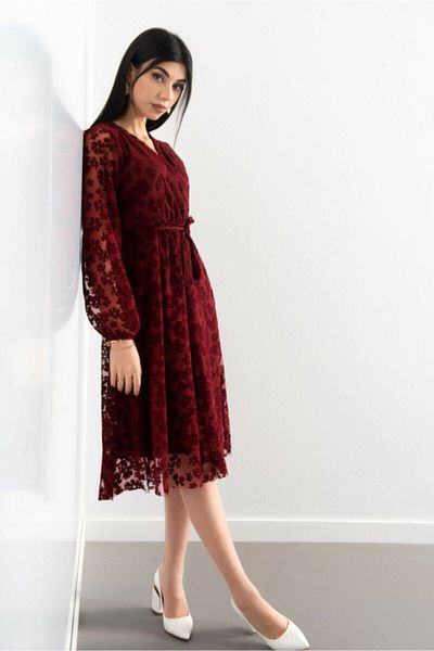 zks grup tekstil Φόρεμα Claret Red Daisy Detailed Plus Size