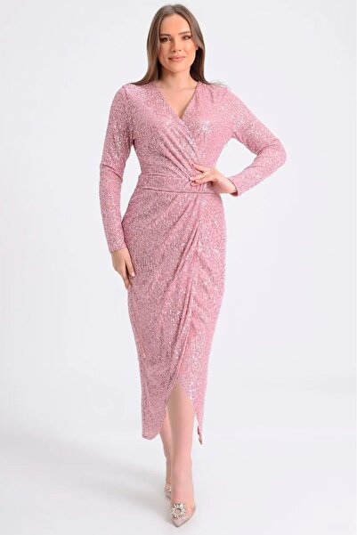 zks grup tekstil Γυναικείο βραδινό φόρεμα με ροζ διπλό γιακά παγιέτες με παγι...