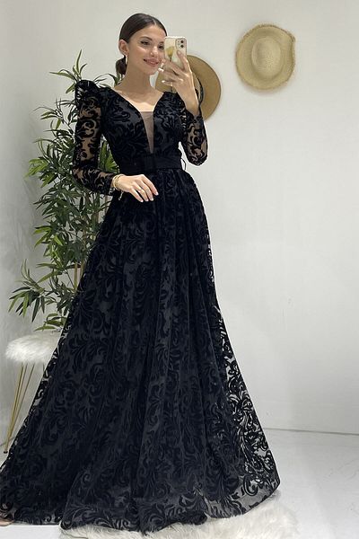zks grup tekstil Γυναικείο βραδινό φόρεμα Black Flock Print μεγάλου μεγέθους με ζώνη