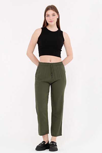 Sfg Life Moda Kadın Yazlık Önü Bağcık'lı Ve Beli Lastikli Şık Dokuma Viskon Cepli Kumaş Pantalon