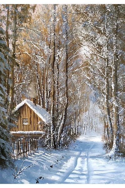 Marcel Kristal Tablo The Mountain House in the Snowy Forest Marcel Art Diamond Mosaic Painting 48x69cm