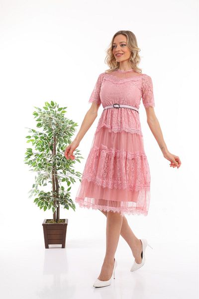 zks grup tekstil Rochie de seară cu mâneci scurte roz, cu dantelă, mărime mare